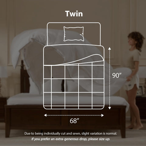 Pacific Coast folded comforter on bed demonstrating twin size and scale