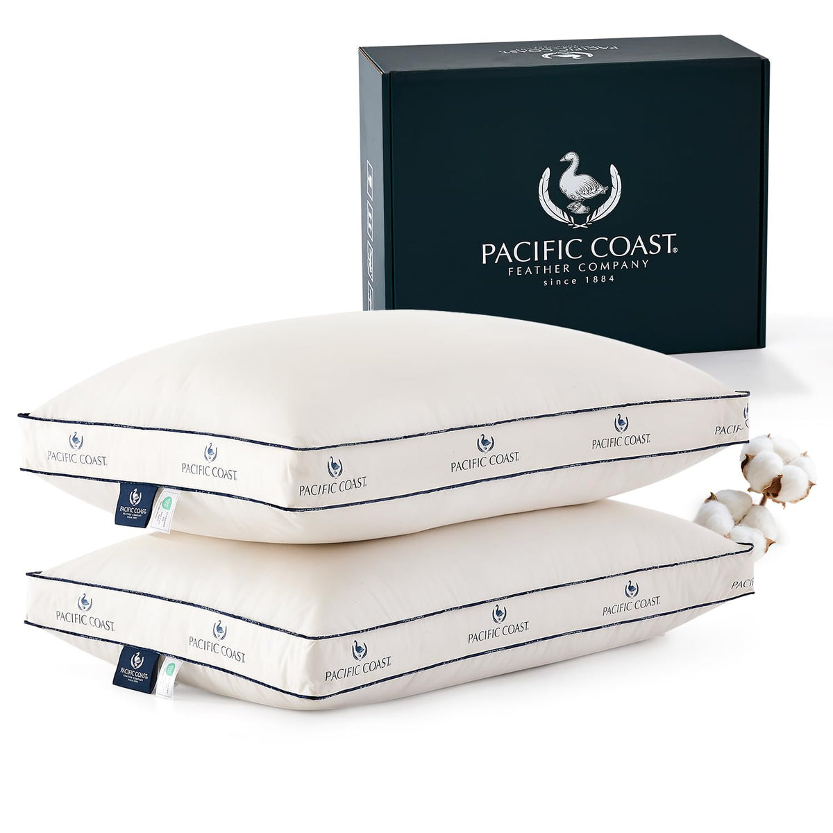Pacific Coast front view of two standard pillows showing firm hotel-style support and clean design
