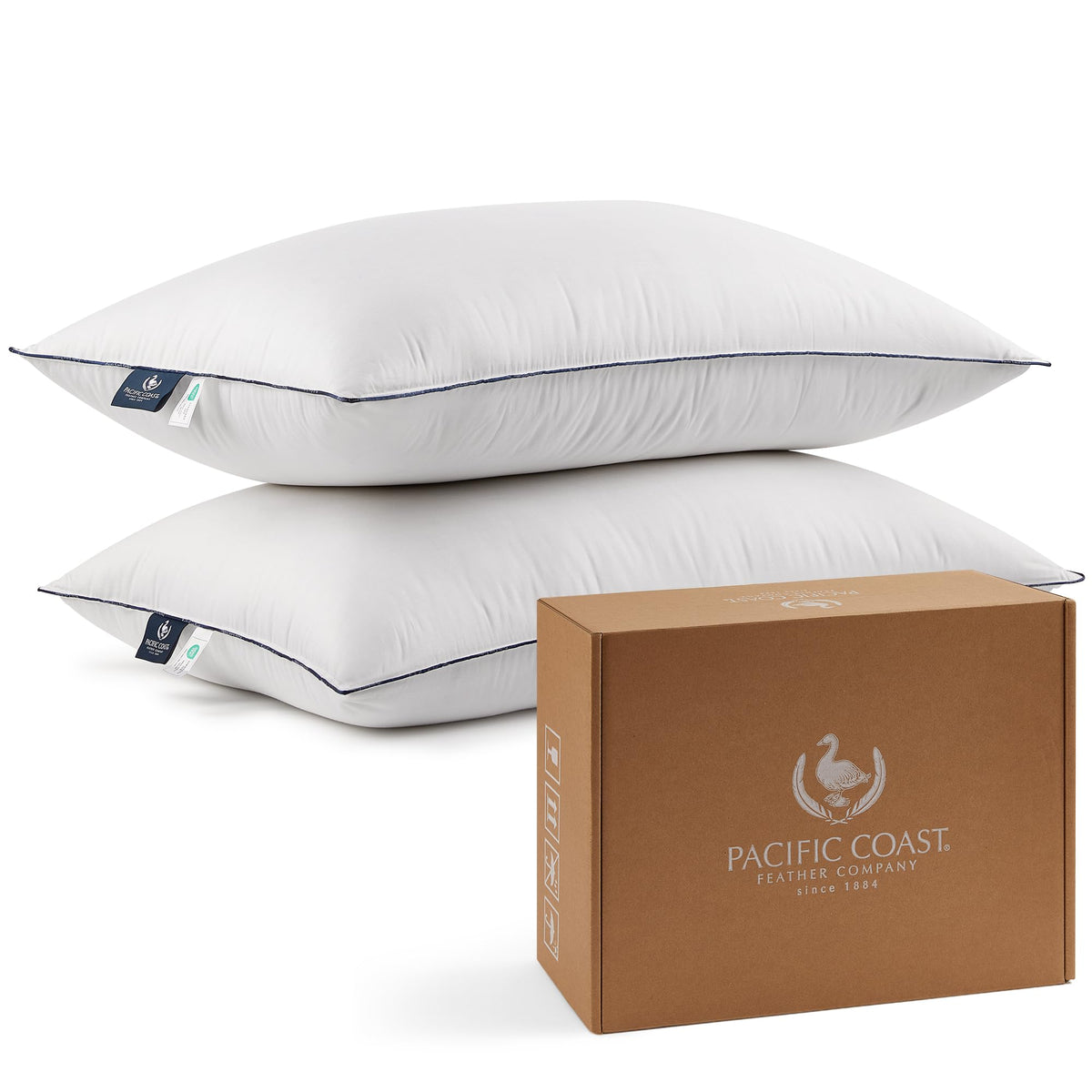 Pacific Coast front packaging showing set of two pillows and brand benefit of hotel comfort