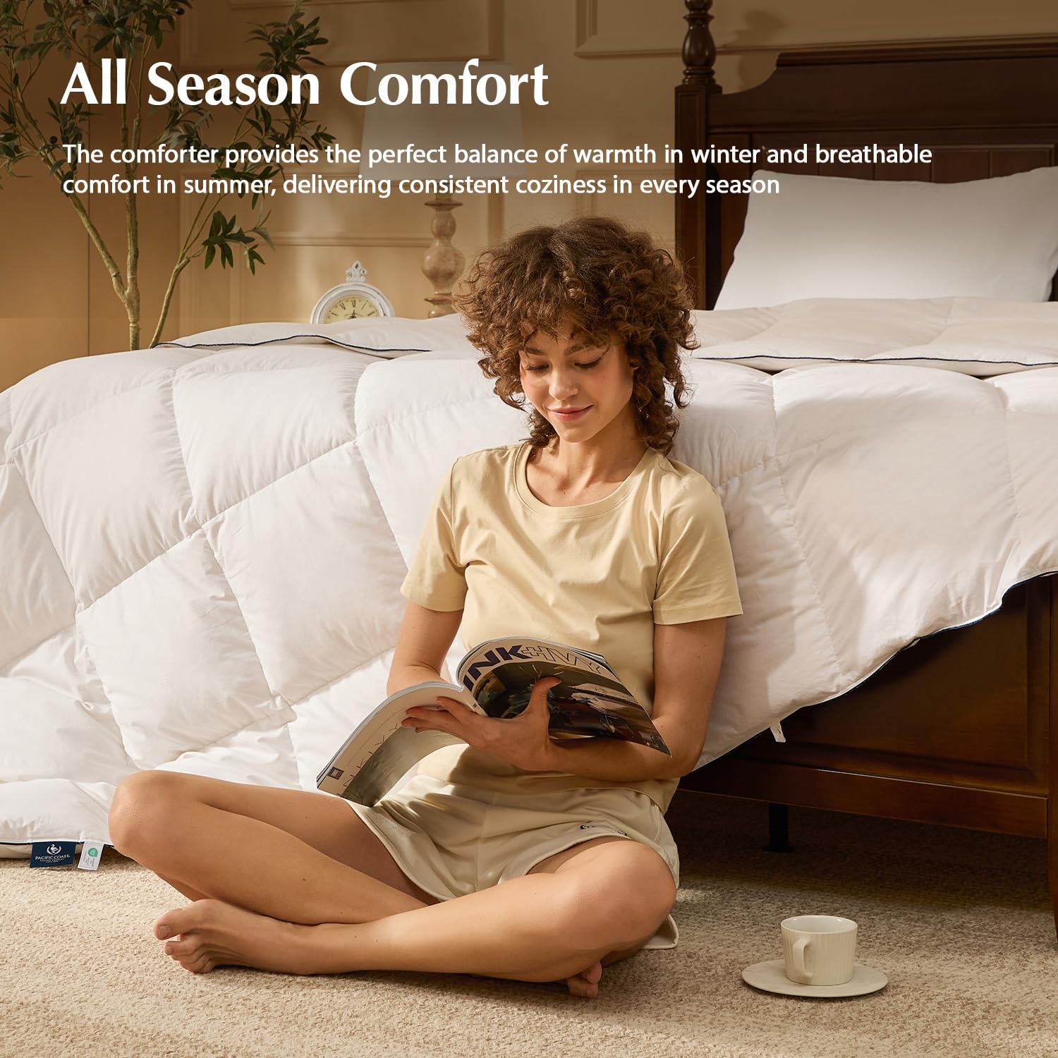 Pacific Coast comforter on mattress showing true king 106 by 90 inch scale