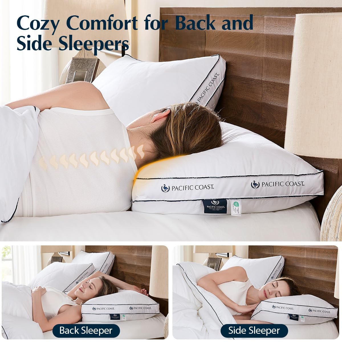Pacific Coast pillow on styled bed for back sleepers demonstrating loft