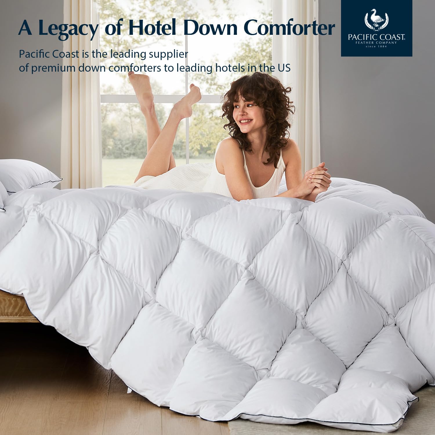 Pacific Coast size scale on king bed showing full coverage and fit benefit