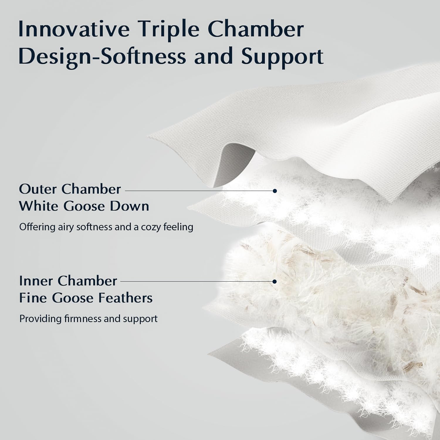 Pacific Coast three-chamber cutaway view showing inner feather support and outer down softness
