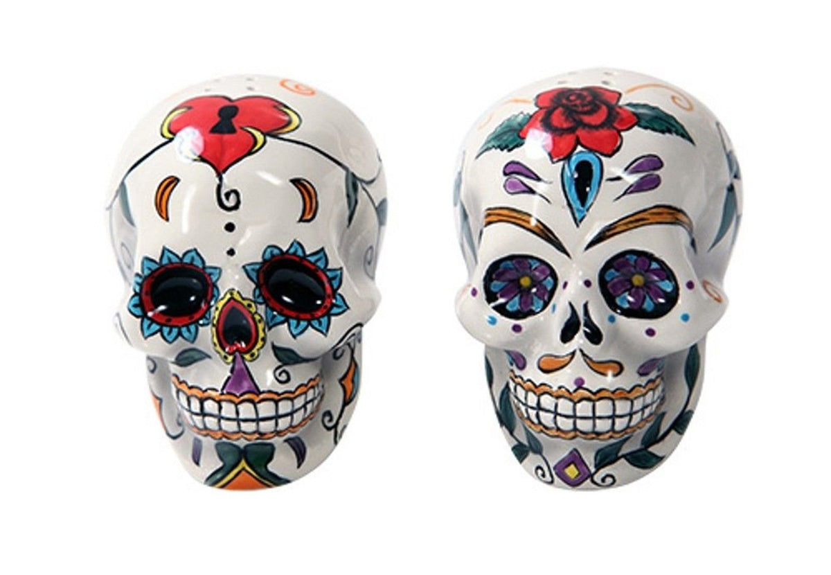 Pacific Giftware skull shakers front view showing vibrant hand-painted detail and decorative appeal