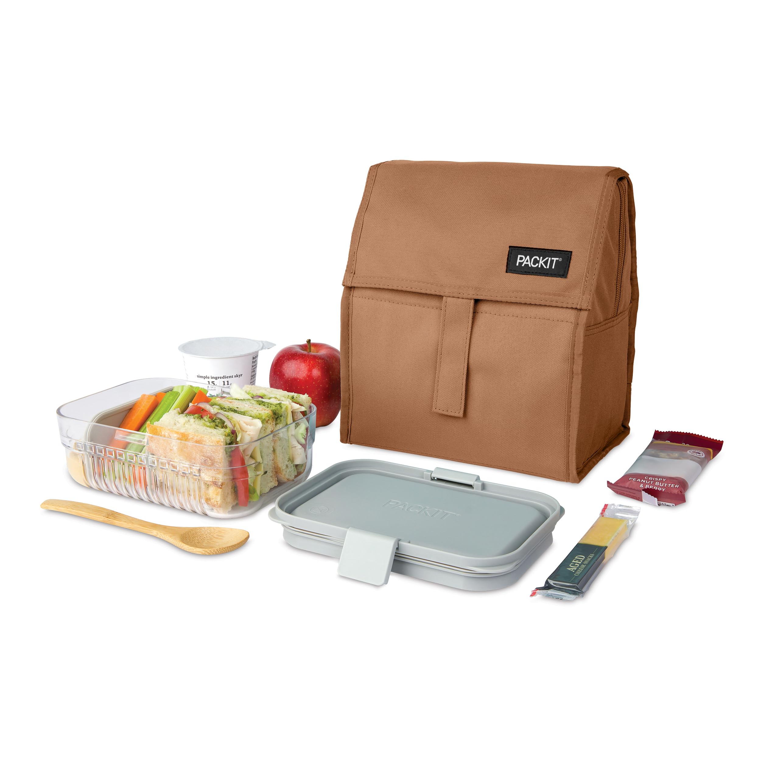 PackIt almond inside backpack illustrating easy transport benefit