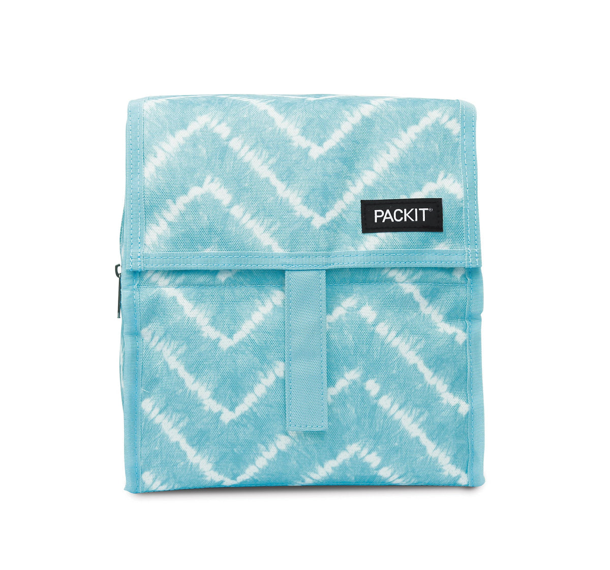 PackIt aqua tie dye front view showing zip closure and pattern, convenient daily carry