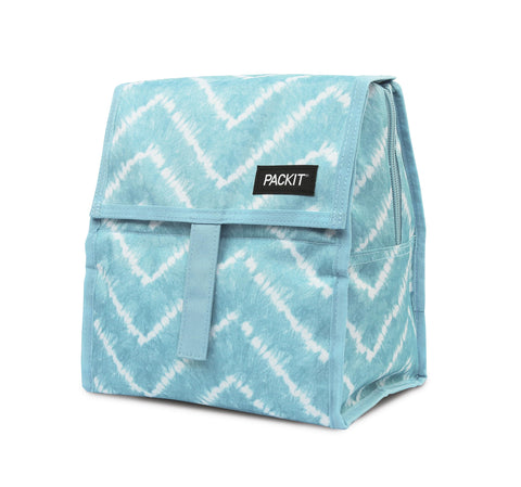 PackIt aqua tie dye open interior showing roomy space and water-resistant lining, easy cleaning