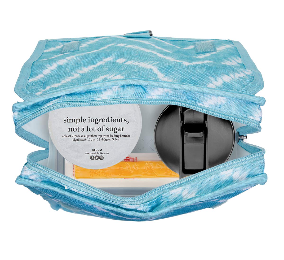 PackIt aqua tie dye with Mod Lunch and Snack containers inside, fits multiple containers