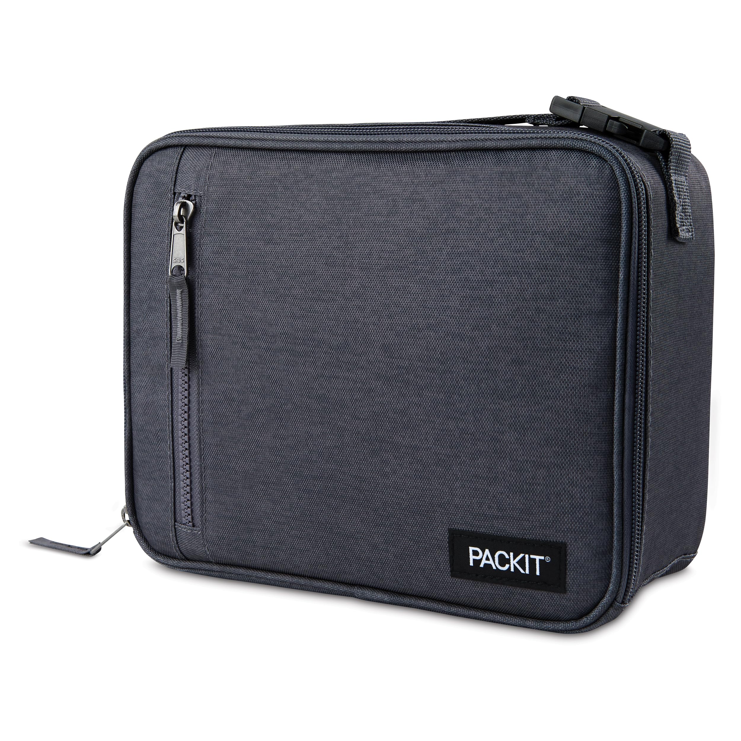 PackIt Freezable Classic front view showing zip closure and professional City Charcoal look, keeps lunches cool