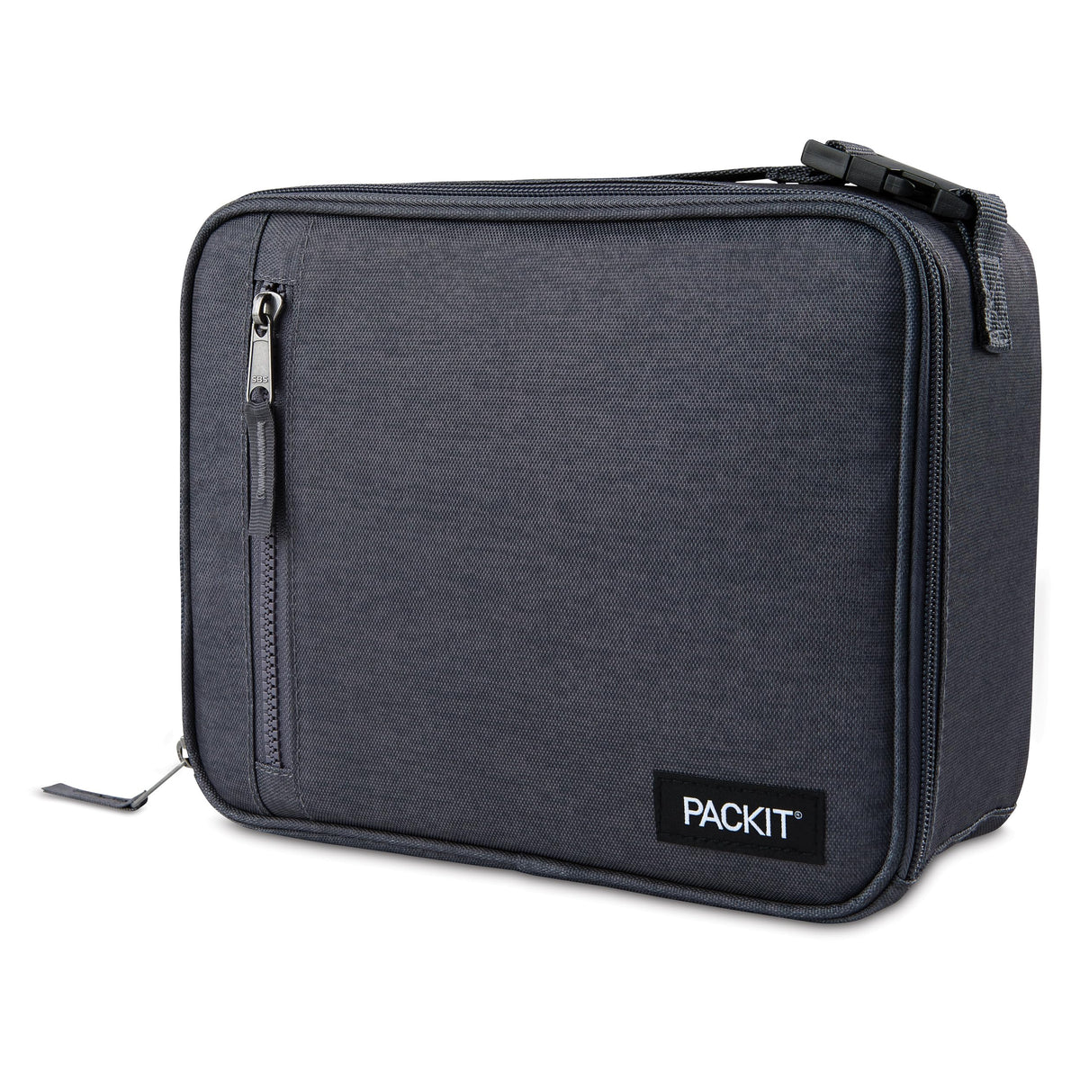 PackIt Freezable Classic front view showing zip closure and professional City Charcoal look, keeps lunches cool