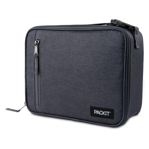 PackIt Freezable Classic front view showing zip closure and professional City Charcoal look, keeps lunches cool
