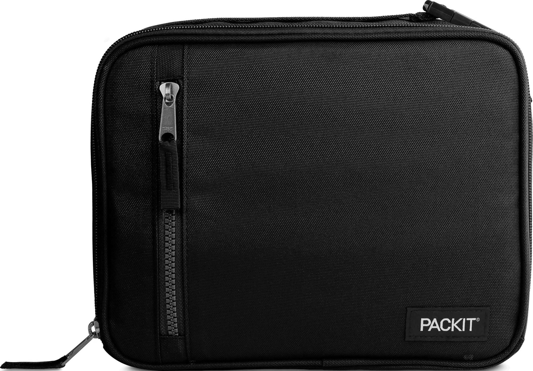 PackIt classic front view showing sleek black exterior and zip closure for secure transport