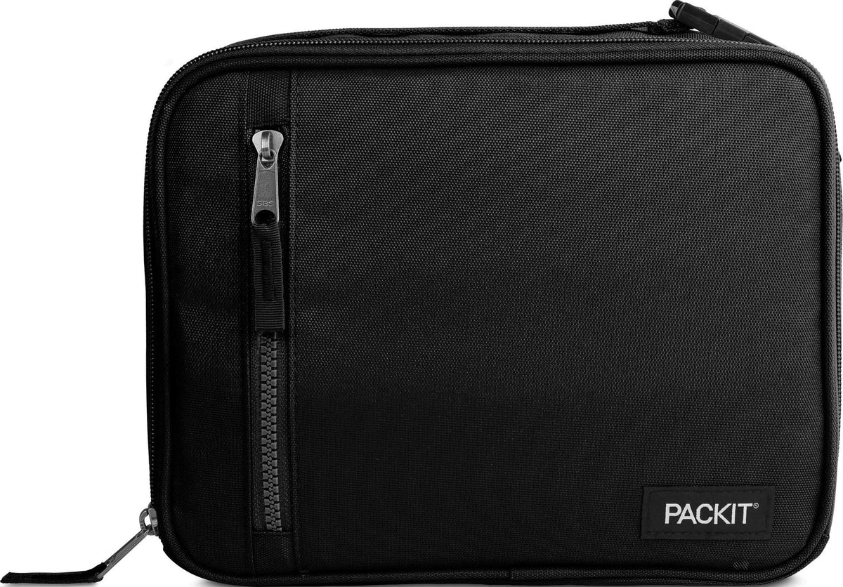 PackIt classic front view showing sleek black exterior and zip closure for secure transport