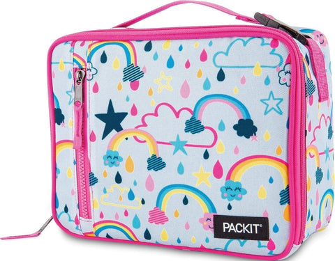 PackIt front view of Rainbow Sky lunch box showing colorful exterior and zipper for portable chilled meals
