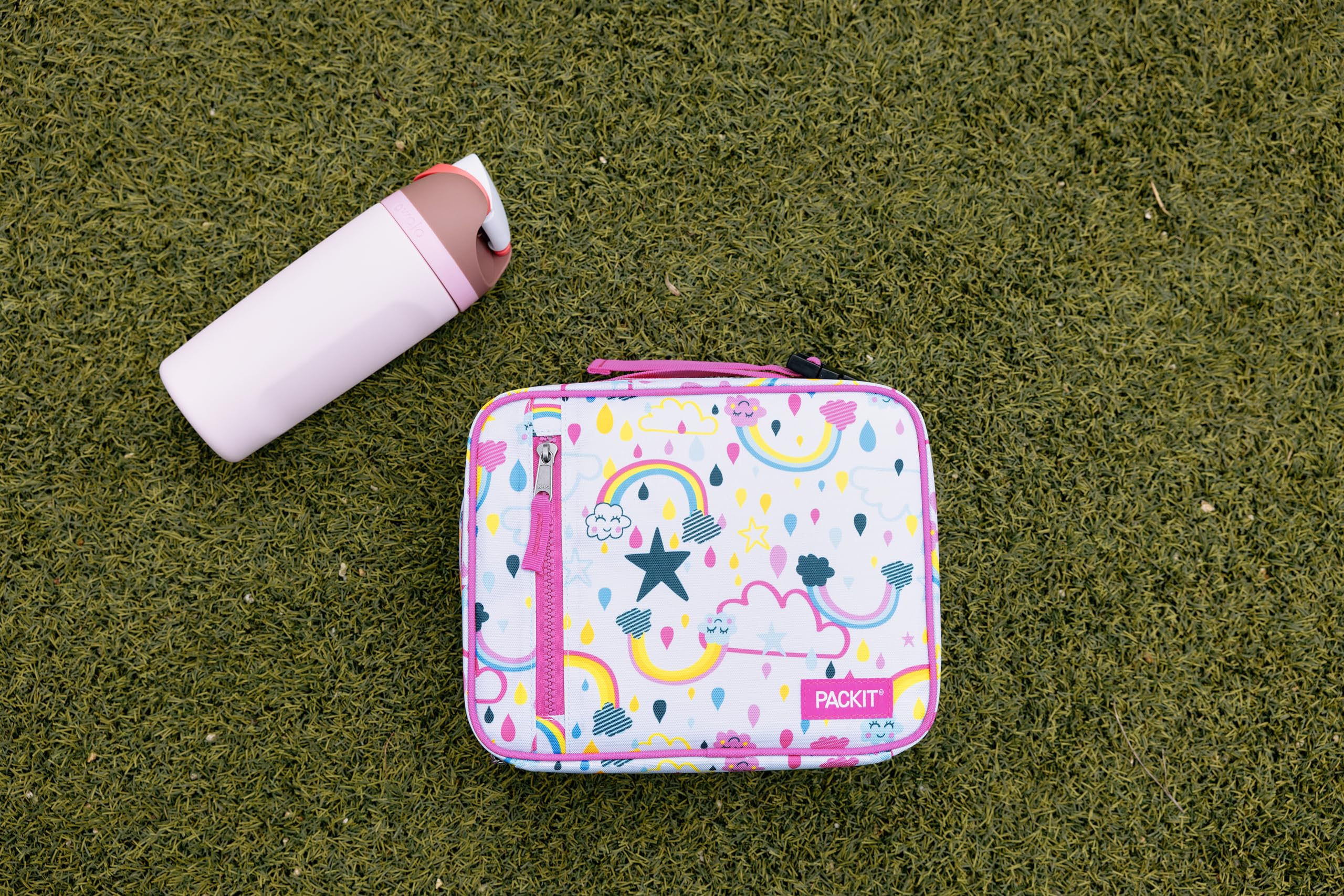 PackIt size comparison next to a water bottle to show capacity and scale for daily lunches
