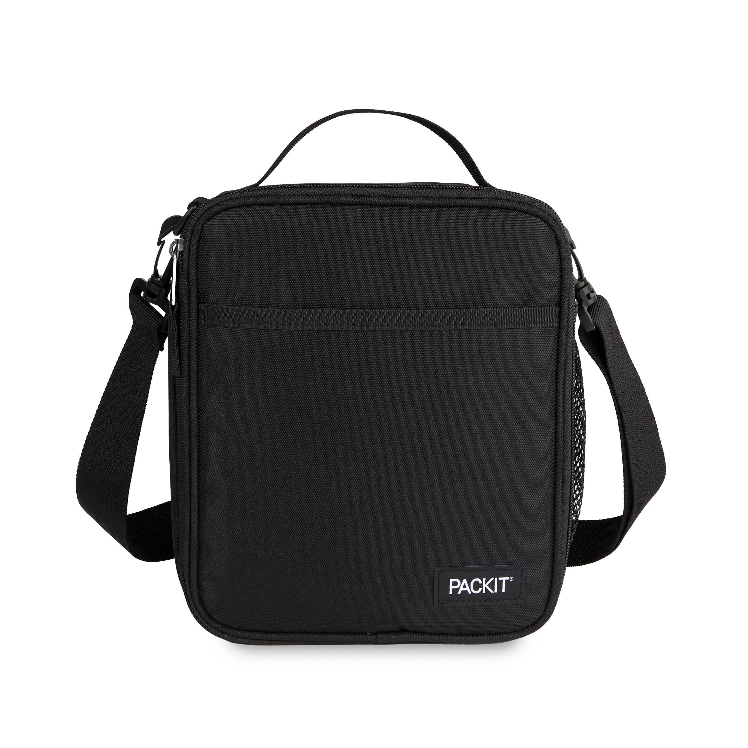PackIt black crossbody lunch box front view showing sleek exterior and portability benefit