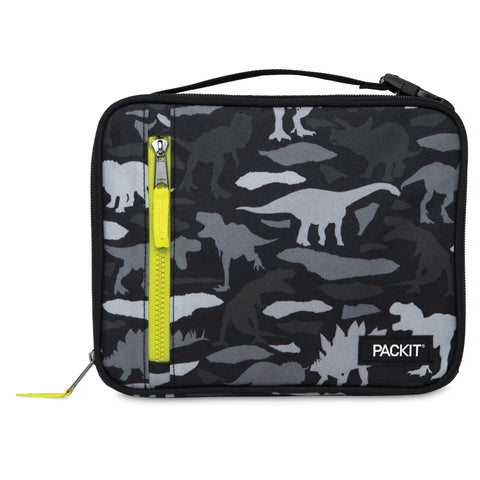 PackIt front view of Dino Camo Charcoal lunch box showing compact shape and pattern