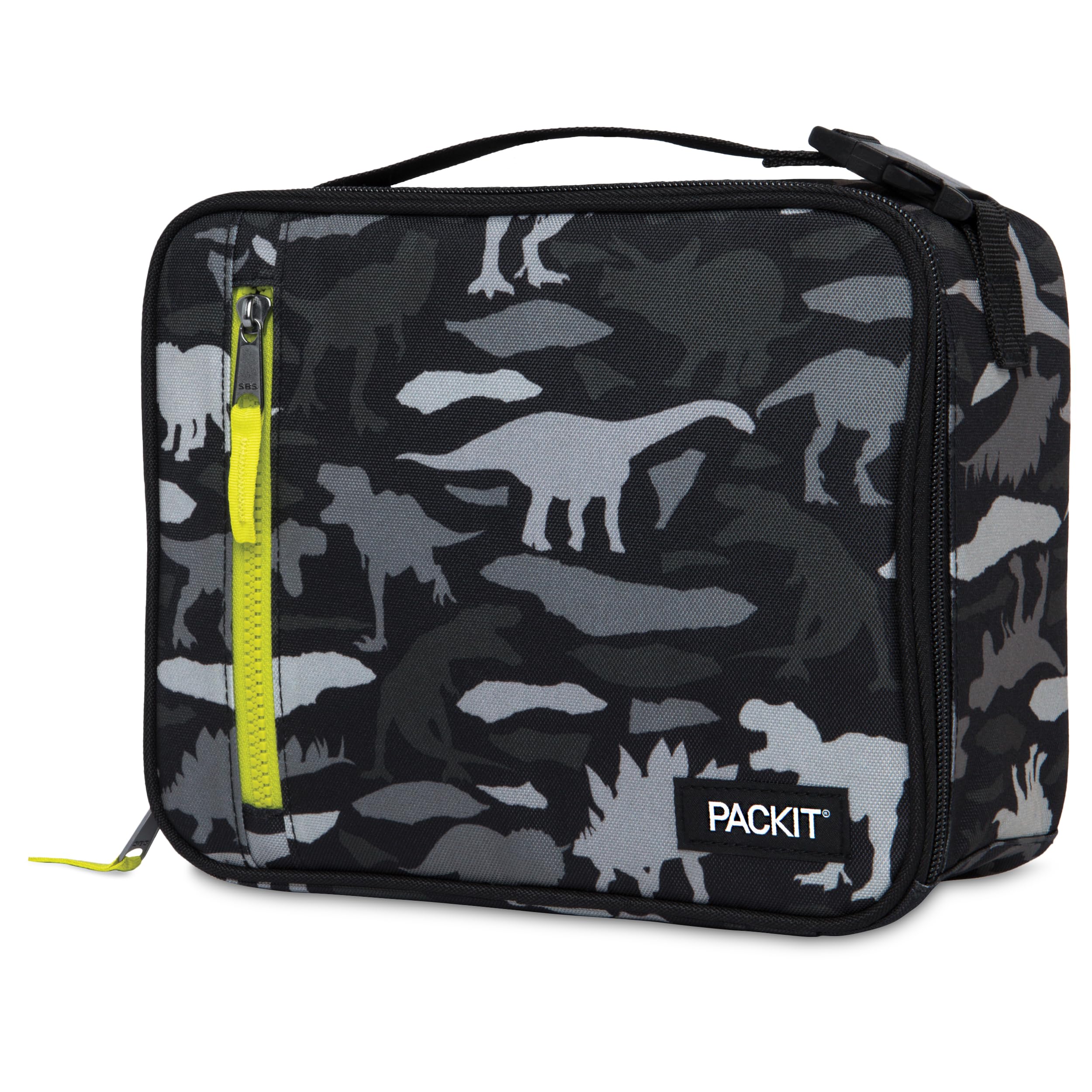 PackIt Dino Camo Charcoal open top-load bag packed with lunch containers and drink