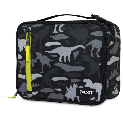PackIt Dino Camo Charcoal open top-load bag packed with lunch containers and drink