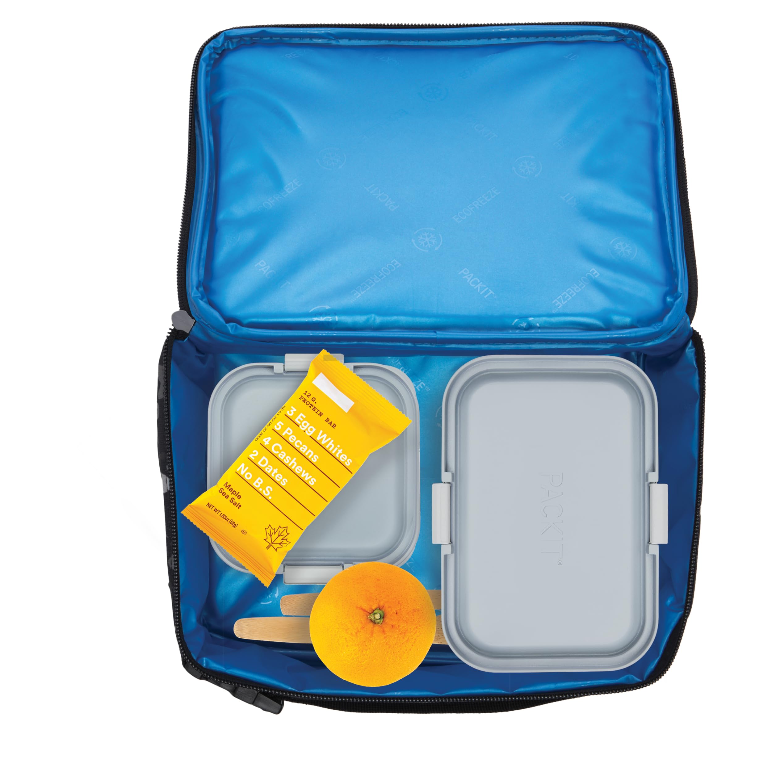 PackIt next to a 12 oz bottle to show Dino Camo Charcoal lunch box capacity