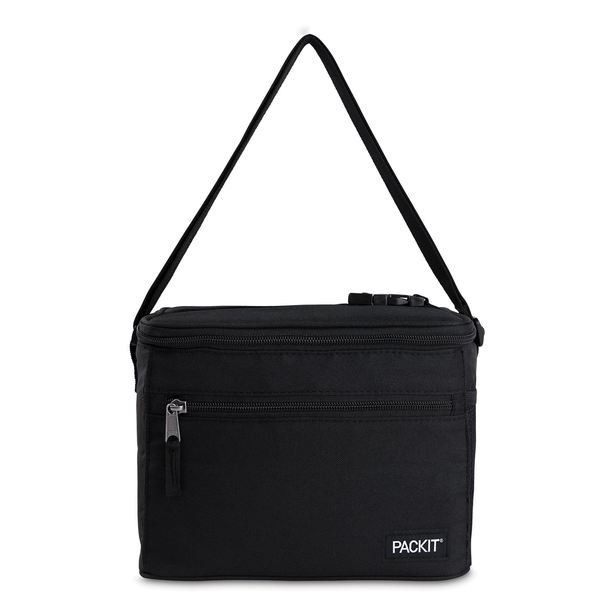 PackIt front view showing black cooler and easy carry — keeps lunches chilled