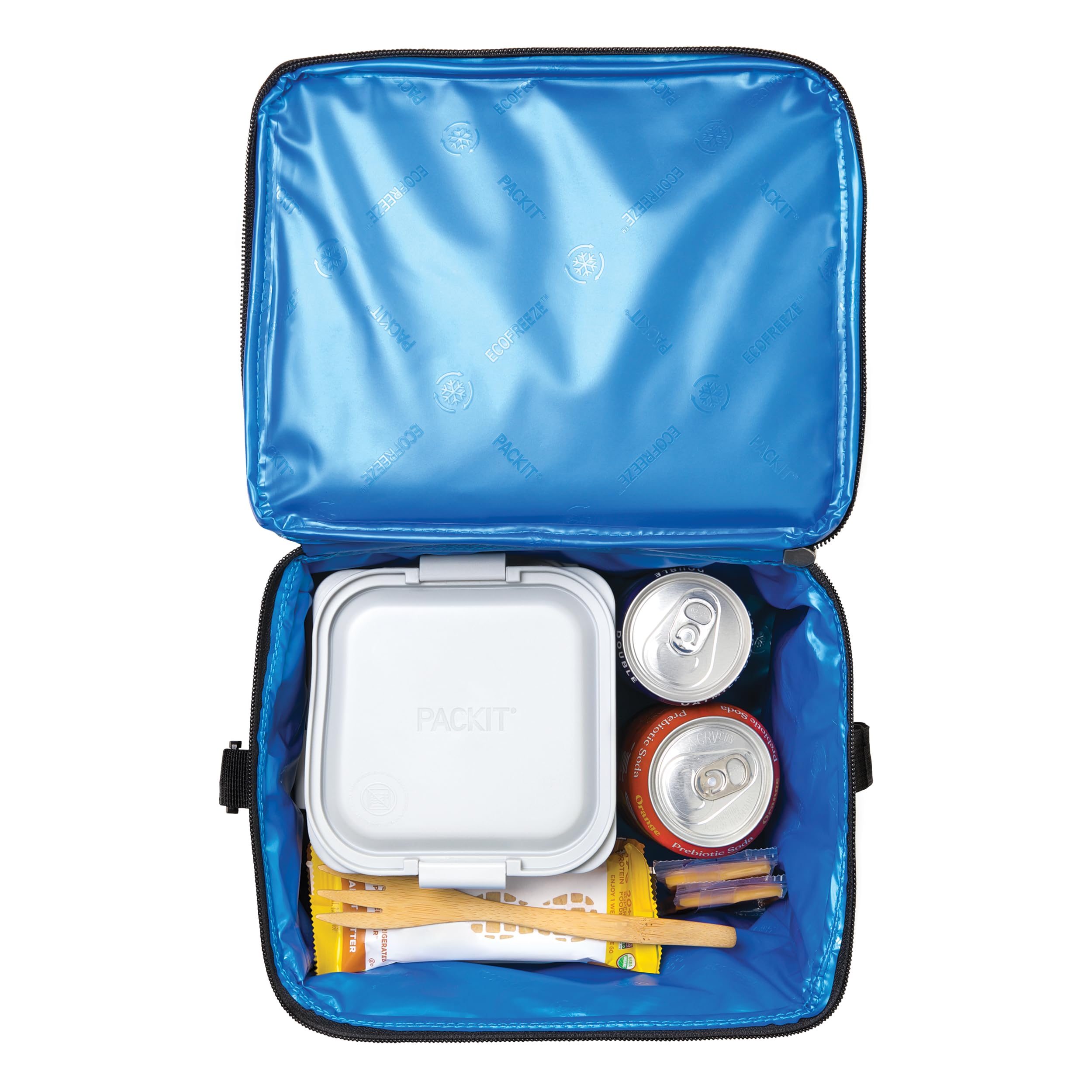 PackIt next to a sandwich and phone for scale — roomy yet compact