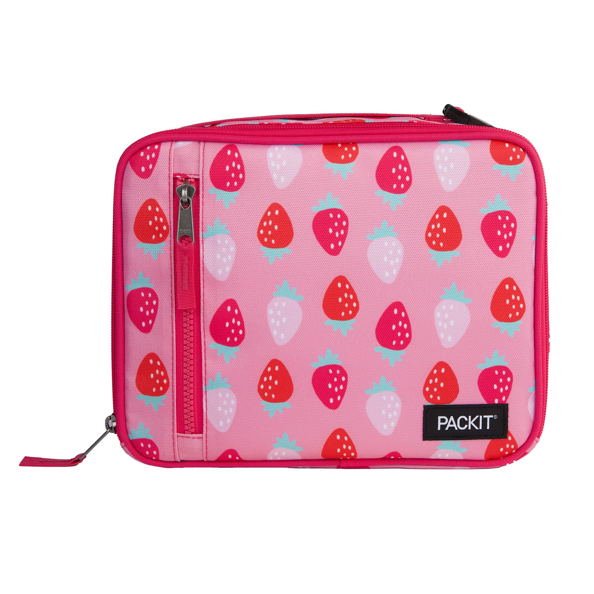 PackIt Sweet Strawberry front view showing cheerful print and zip closure benefit cooling on the go