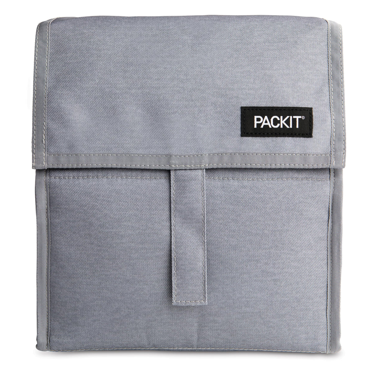PackIt front view of gray fog lunch bag showing sleek insulated exterior and portability