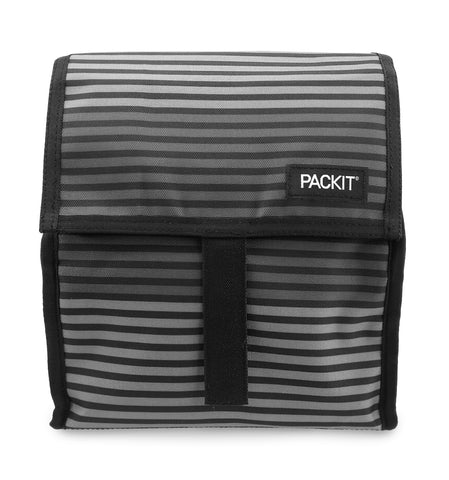 PackIt gray stripes lunch bag front view showing insulated exterior and zip closure benefit