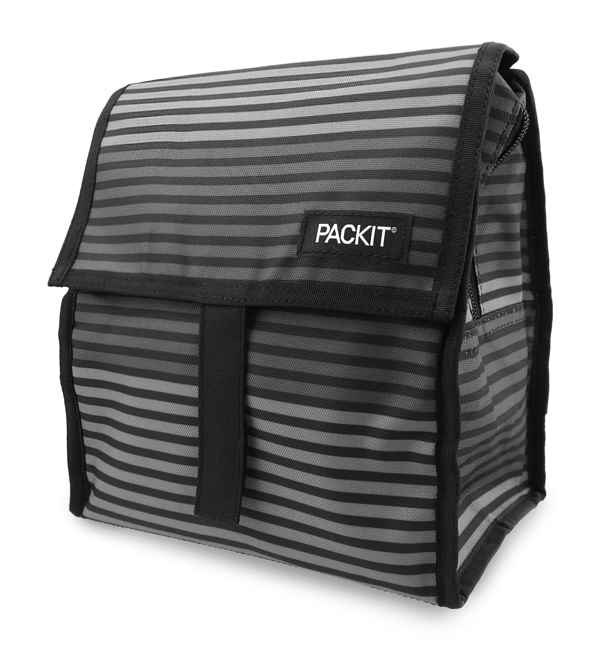 PackIt gray stripes opened interior showing roomy frozen liner for cooling benefit