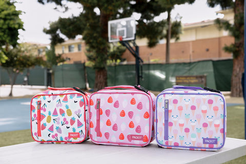 PackIt lifestyle picnic scene showing Sweet Strawberry print keeping lunches cool outdoors