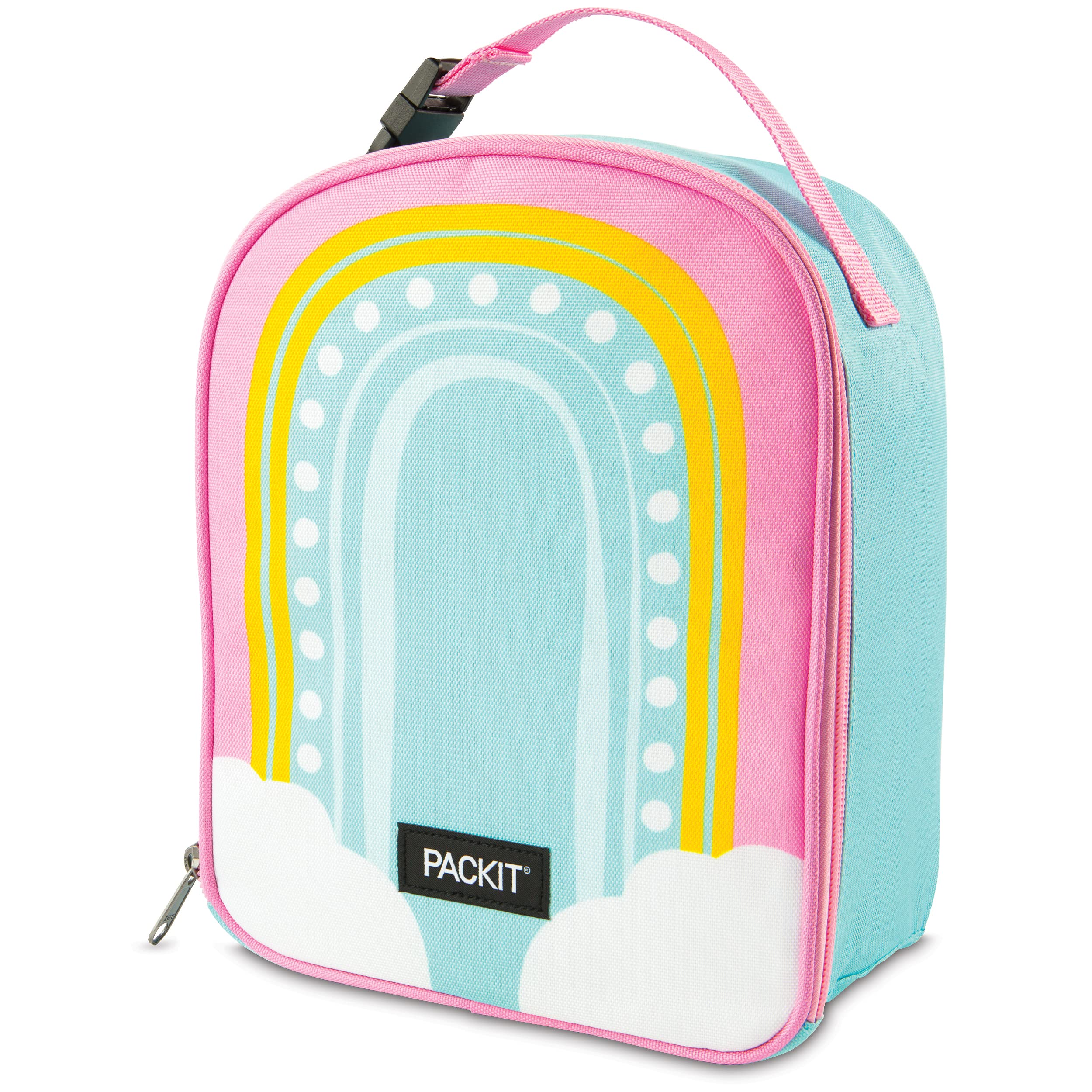 PackIt Rainbow front view showing colorful design and quick-access zipper for convenience