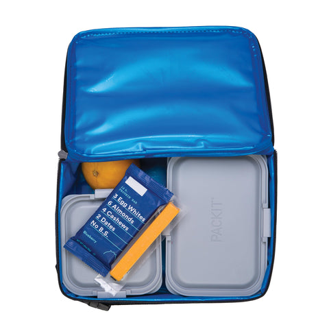 PackIt Sporty Camo Navy exterior zip pocket detail holding napkins and notes