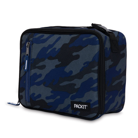 PackIt Sporty Camo Navy open top-load interior with room for meal and drink