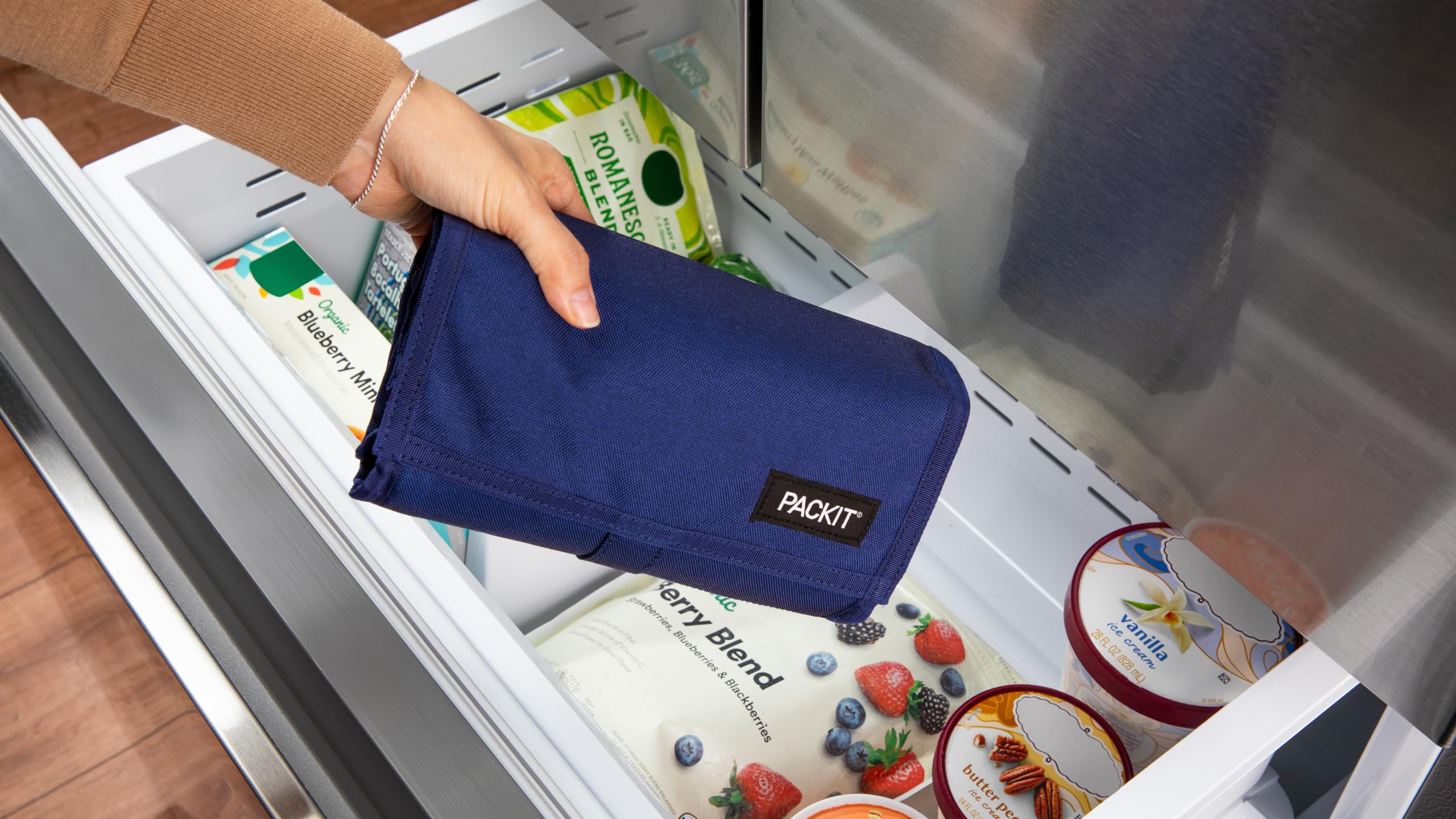 PackIt true blue collapsed flat for compact freezer storage