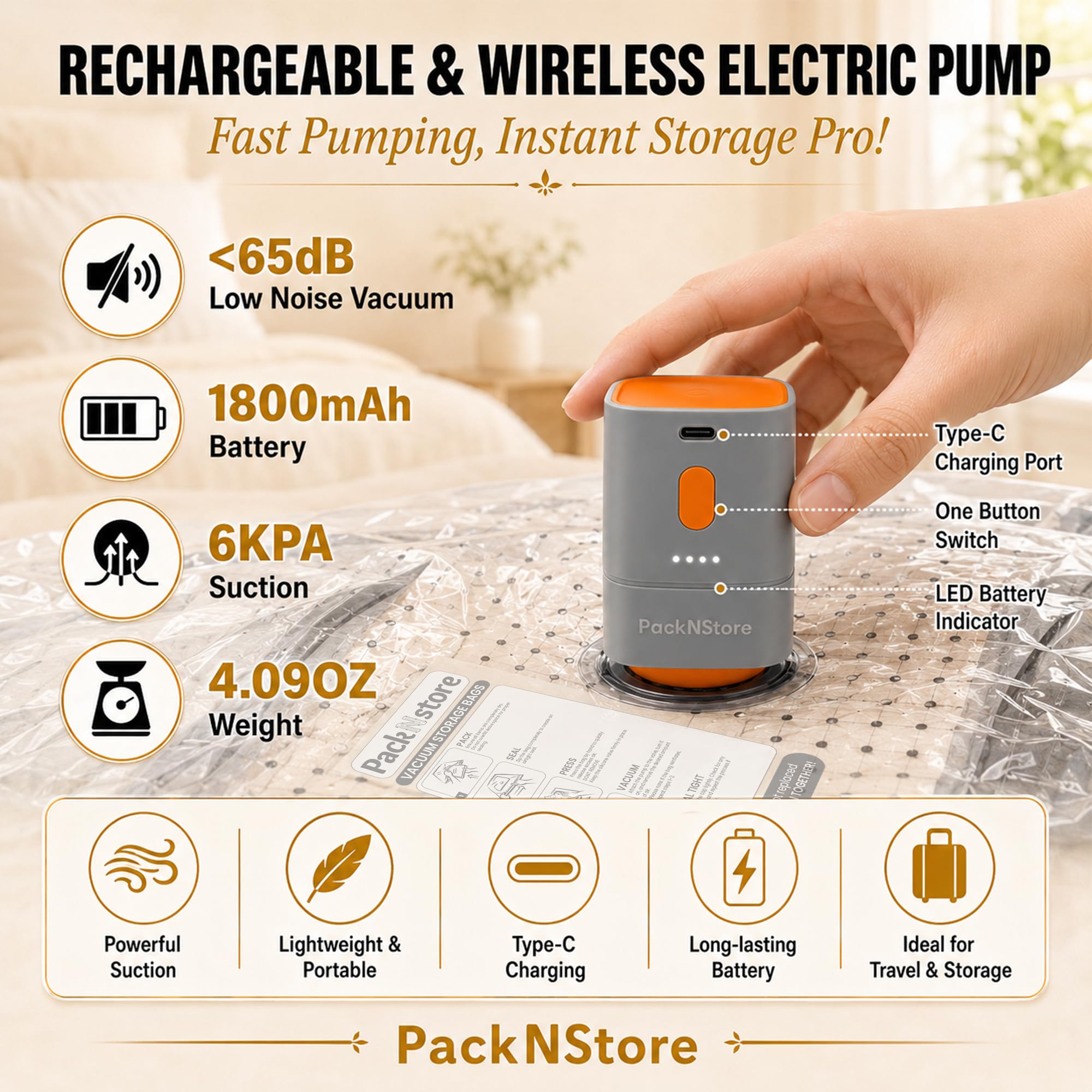 PackNstore pump attached to bag showing easy one-touch operation
