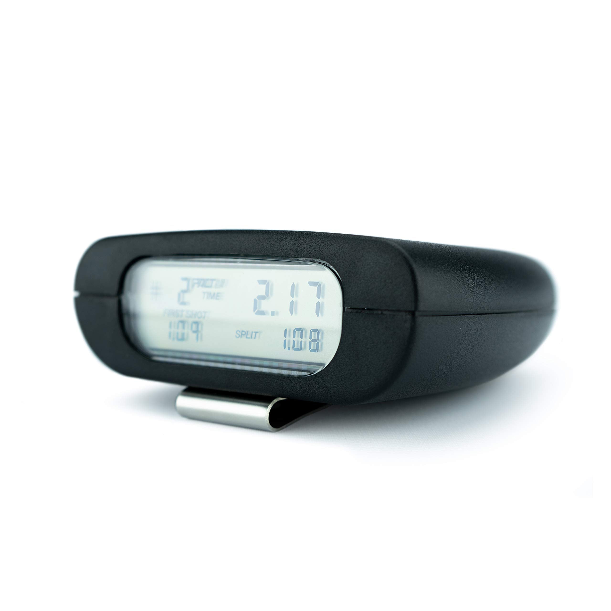PACT Club Timer III belt clip attached to range belt for secure portability