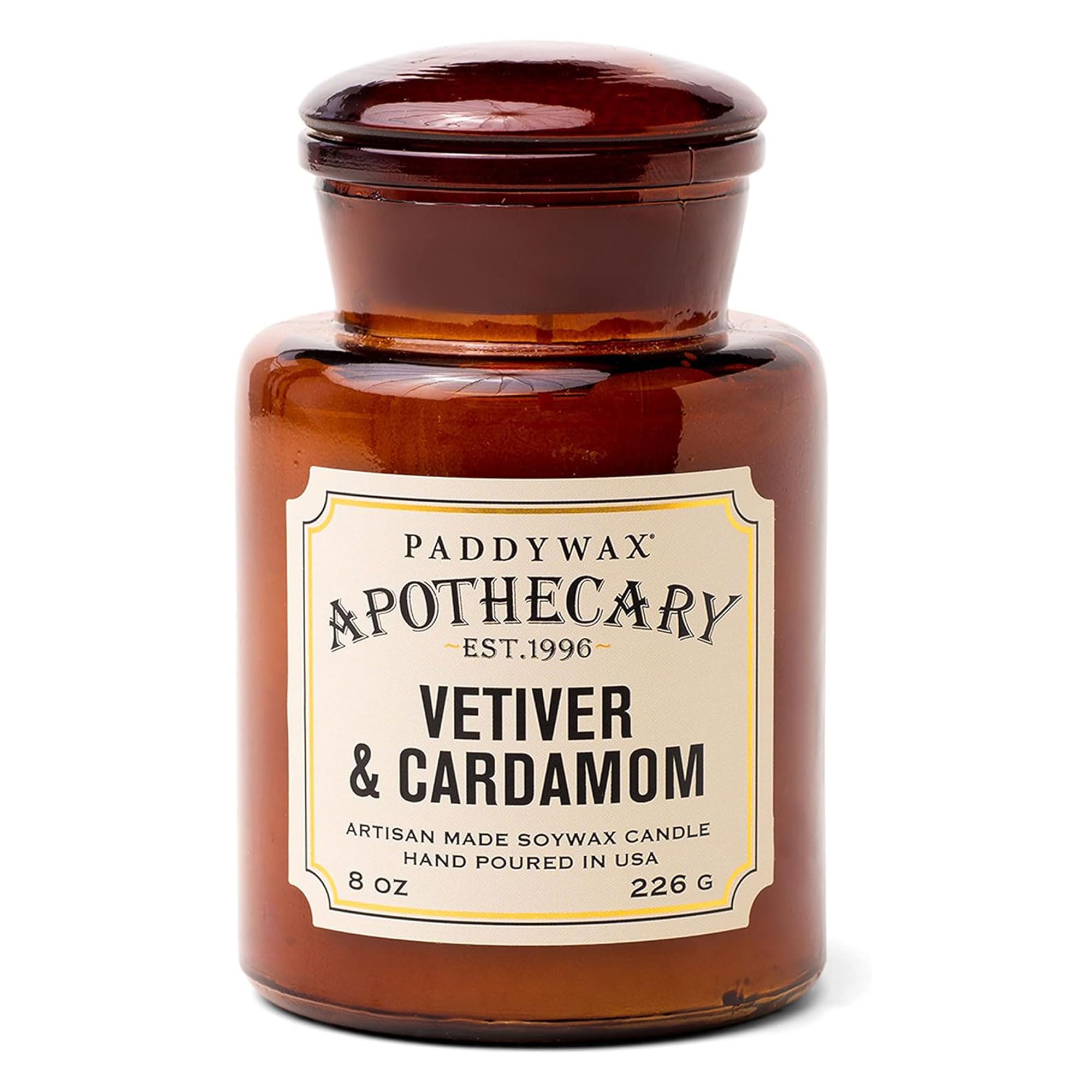 Paddywax front view showing apothecary-style jar and lid for decor