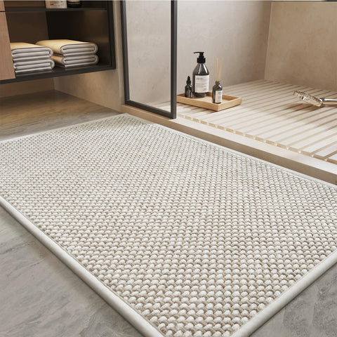 PADOOR front view showing beige and cream bath mat and neat finish for quick absorption
