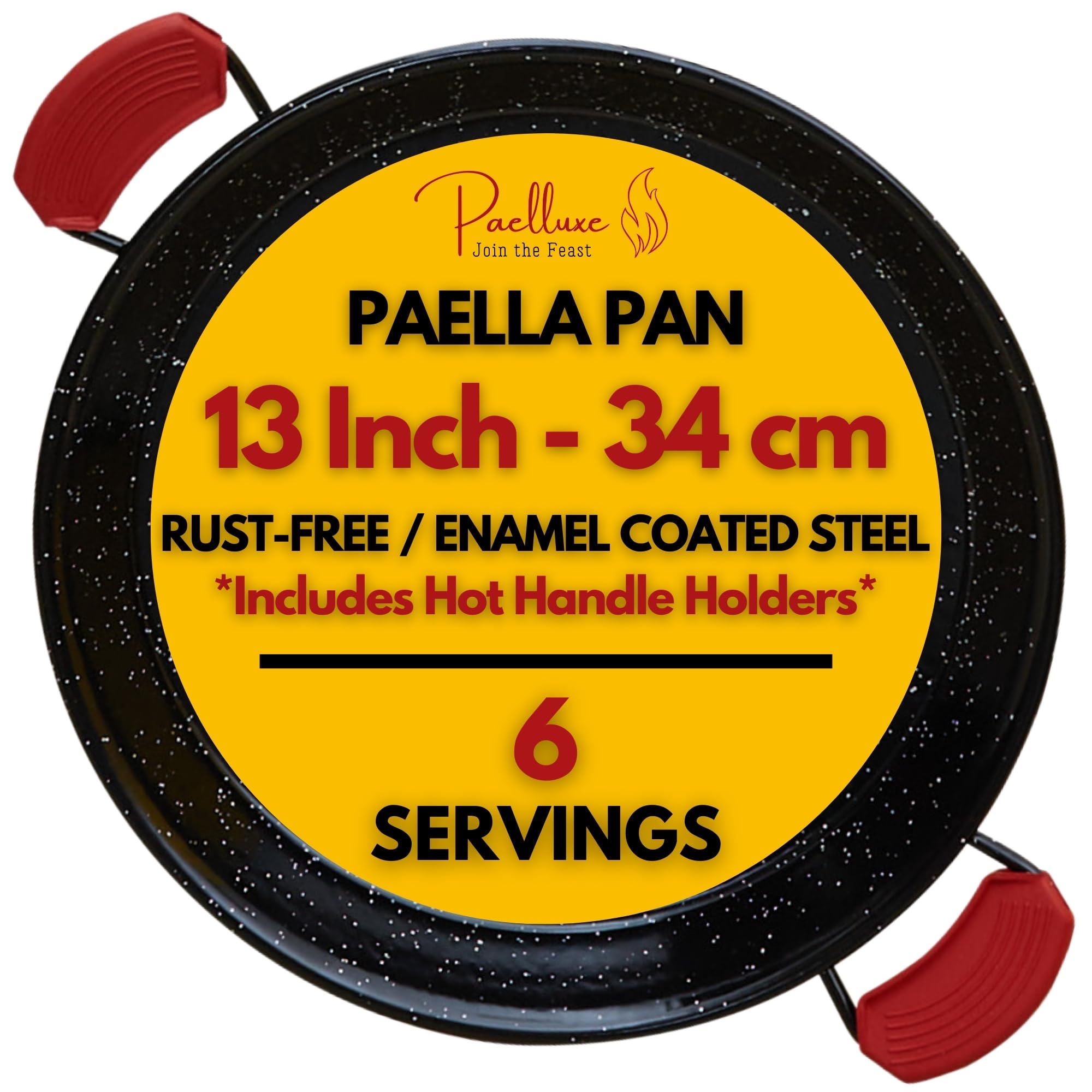 Paelluxe front view of 13 inch pan showing cooking surface and handles for easy serving