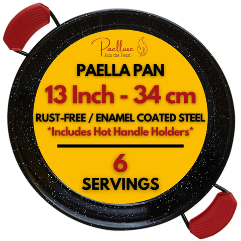 Paelluxe front view of 13 inch pan showing cooking surface and handles for easy serving