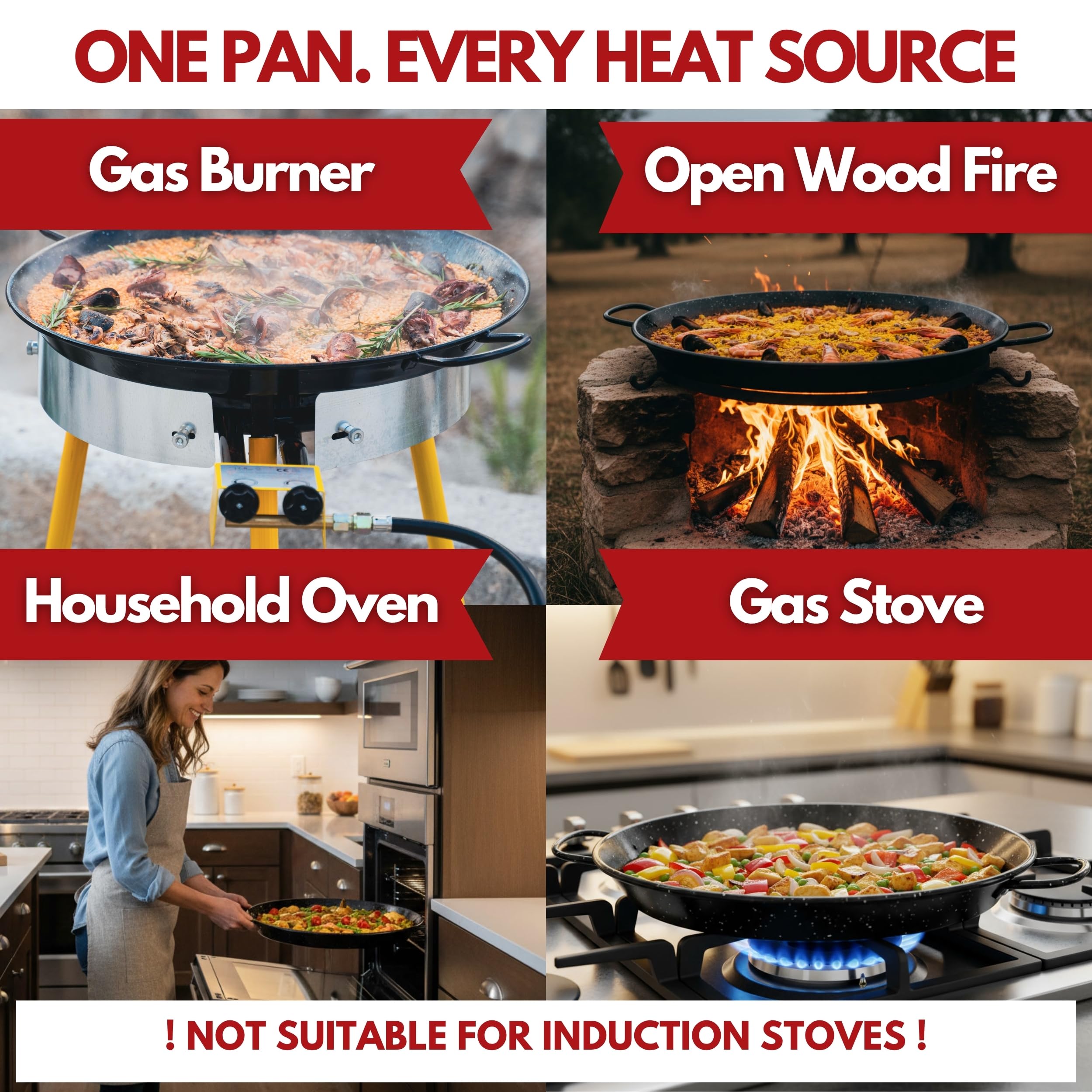 Paelluxe pan cooking on gas burner demonstrating even heat distribution benefit