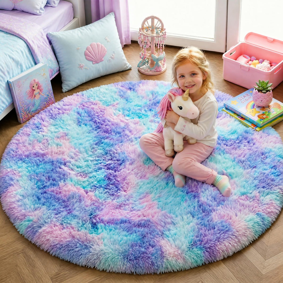 PAGISOFE front view of 5ft round purple rainbow rug showing cute pastel design and inviting softness