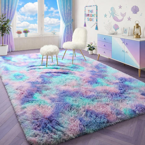 PAGISOFE front view of rainbow purple rug showing plush look and room benefit
