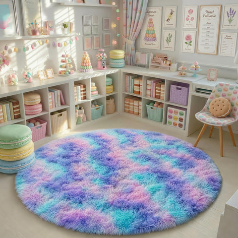 PAGISOFE rug next to a small chair to show 5ft round scale and room placement