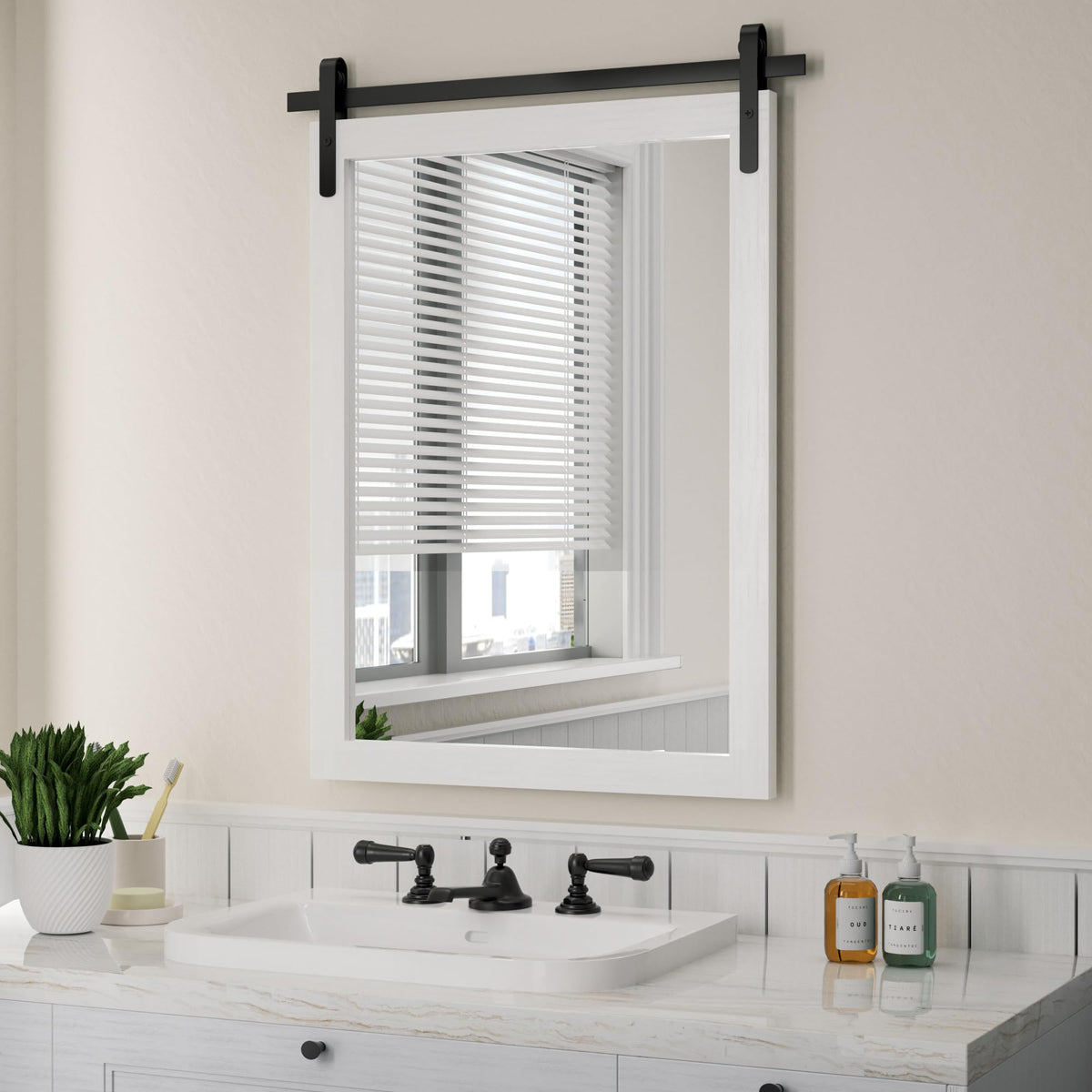 PAIHOME front view showing white farmhouse mirror and clean vanity benefit clarity