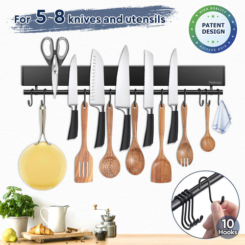 Pailexin rack with ten hooks holding utensils, quick-access convenience