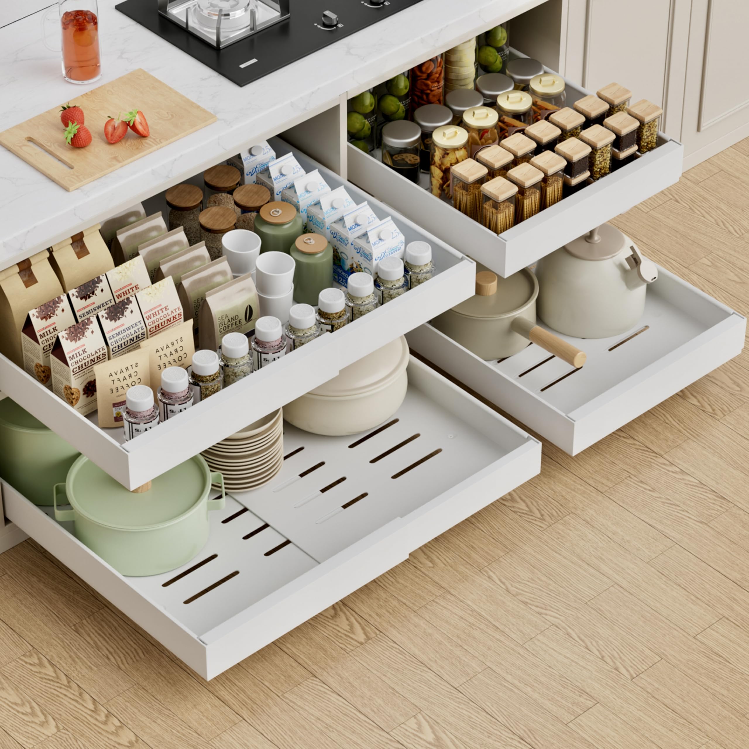PAKETA front view of two-pack pull-out organizer showing compact packaging and benefits