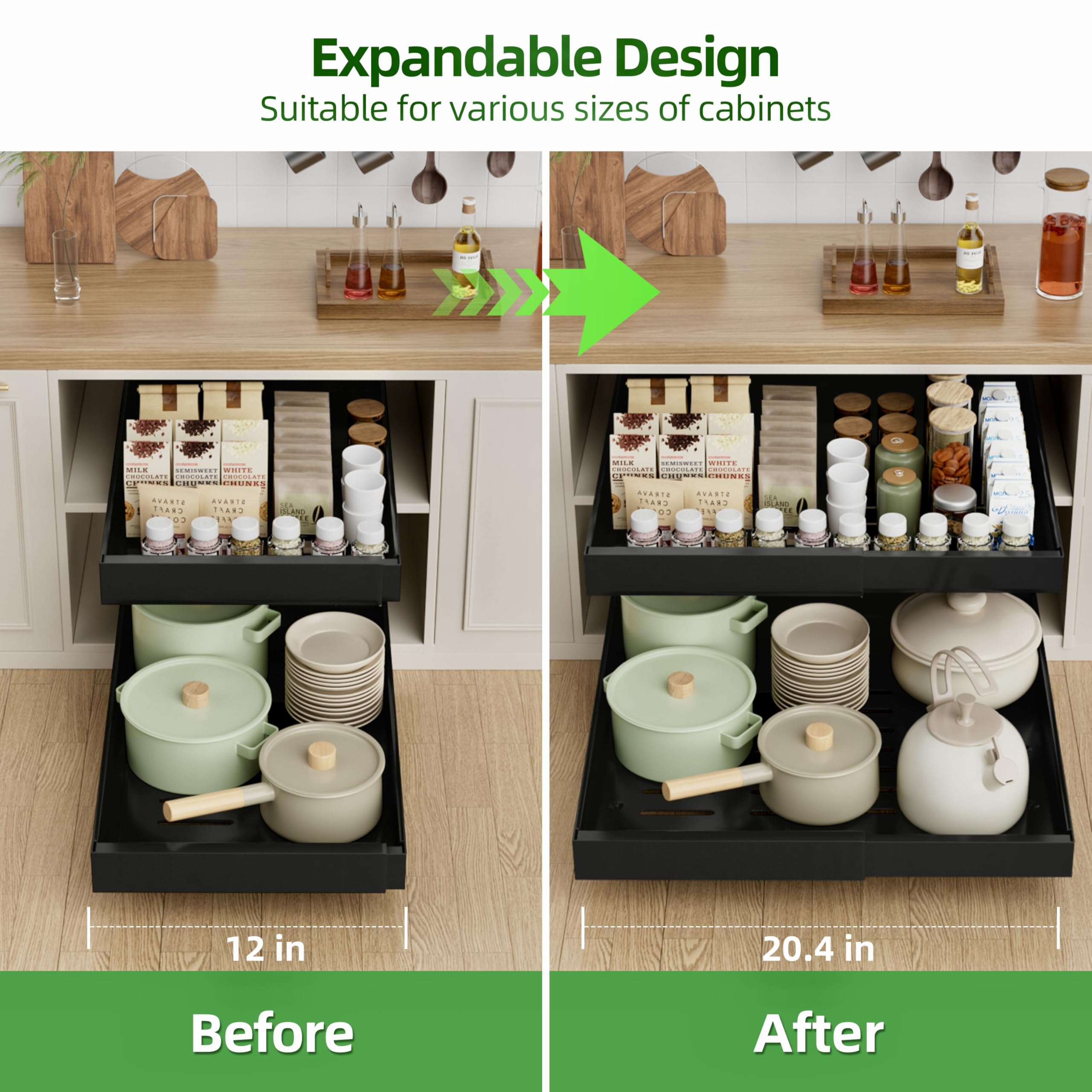 PAKETA installed in a kitchen cabinet pulled out to show easy access and improved organization