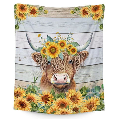 PAKKITOP front view of highland cow sunflower blanket shows cheerful design and comfort
